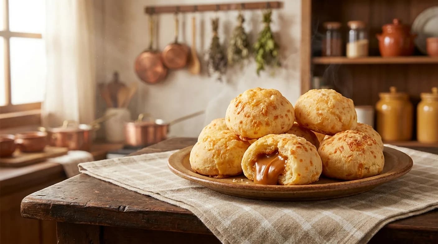 Chipas doces num prato de ceramica, uma partida ao meio mostrando o recheio de doce de leite