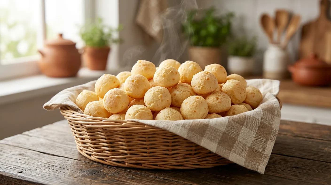 Pães de queijo coquetel pequenos numa cesta de vime forrada com pano de prato